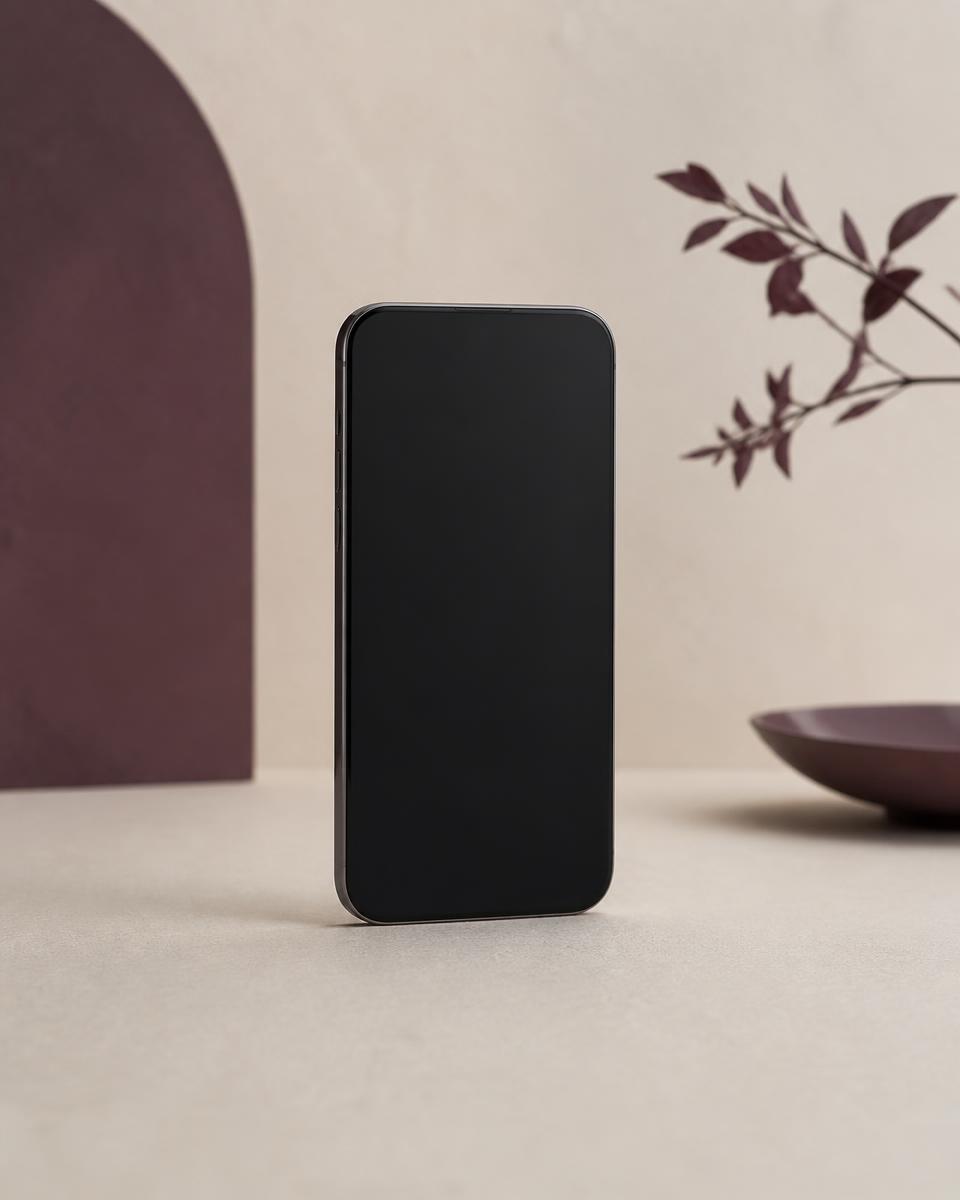 A phone standing upright on a paper-toned surface